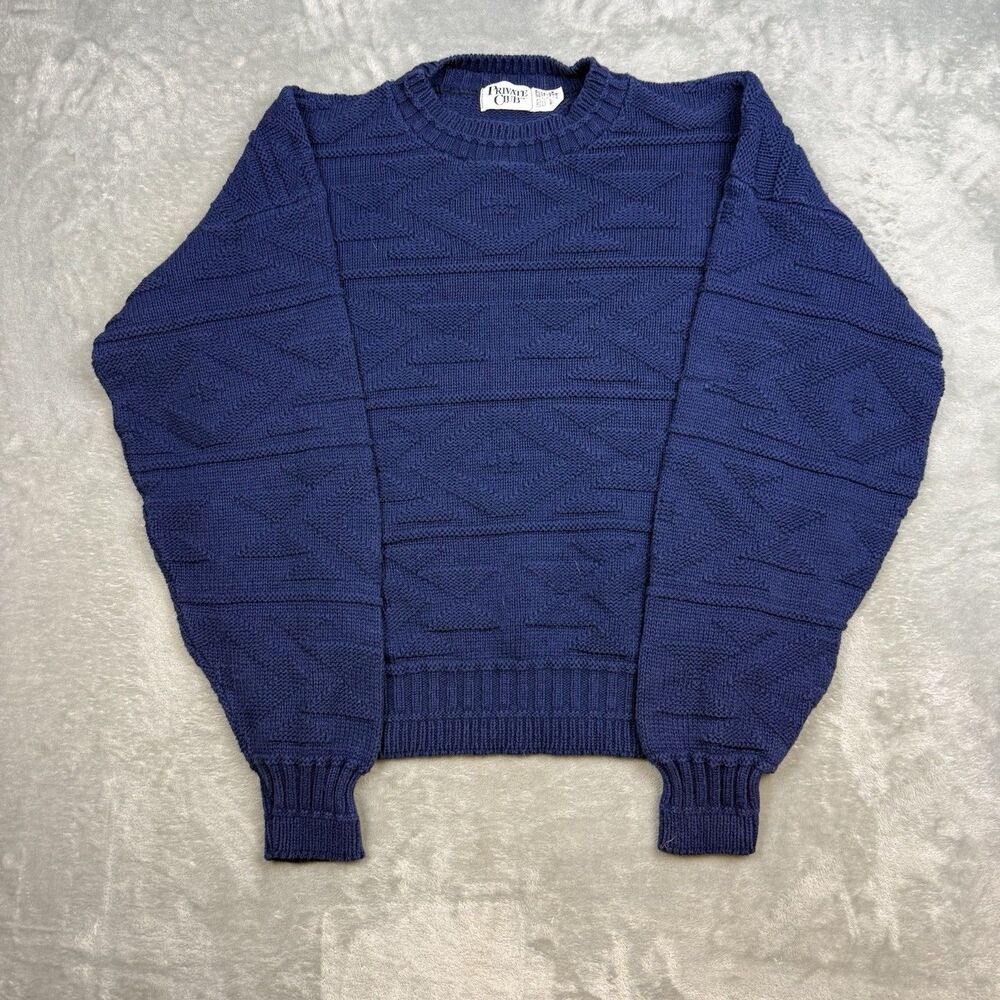 Vintage Private Club Sweater Mens Large Blue 100% Cotton Geometric Knit USA Made